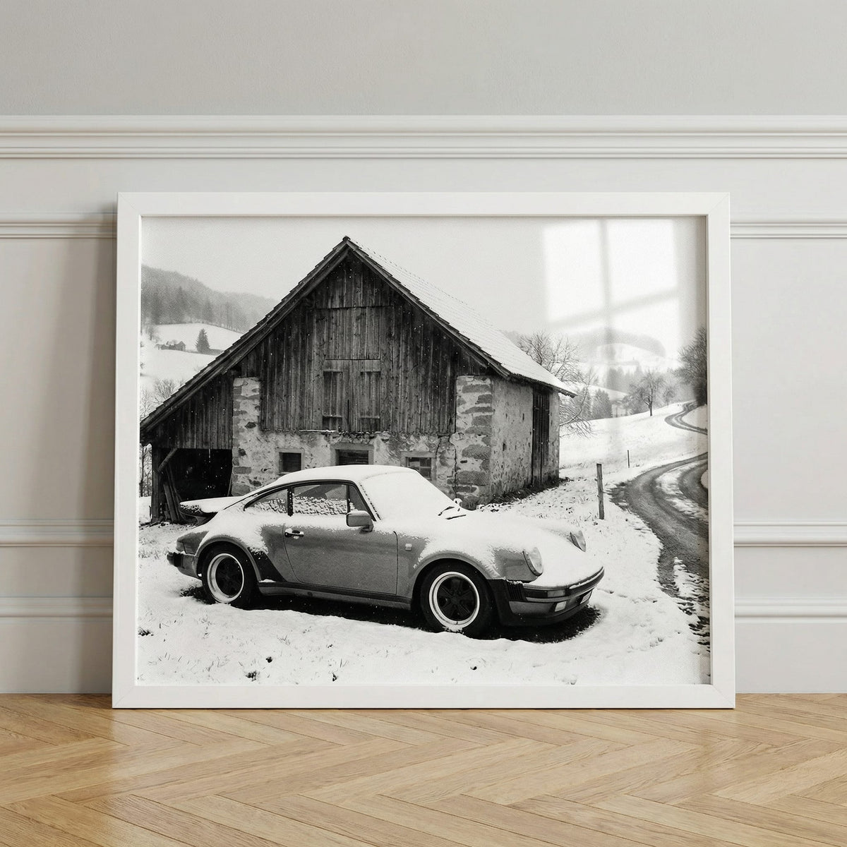 Alpine Barn 911, framed and styled in a room