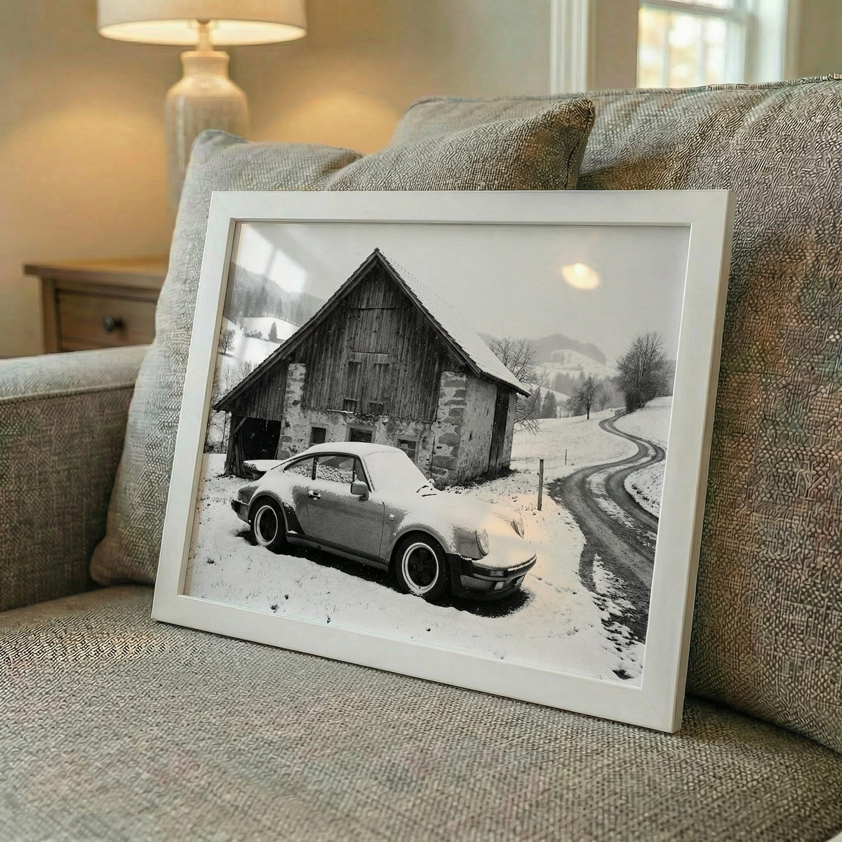 Alpine Barn 911, framed and styled in a room
