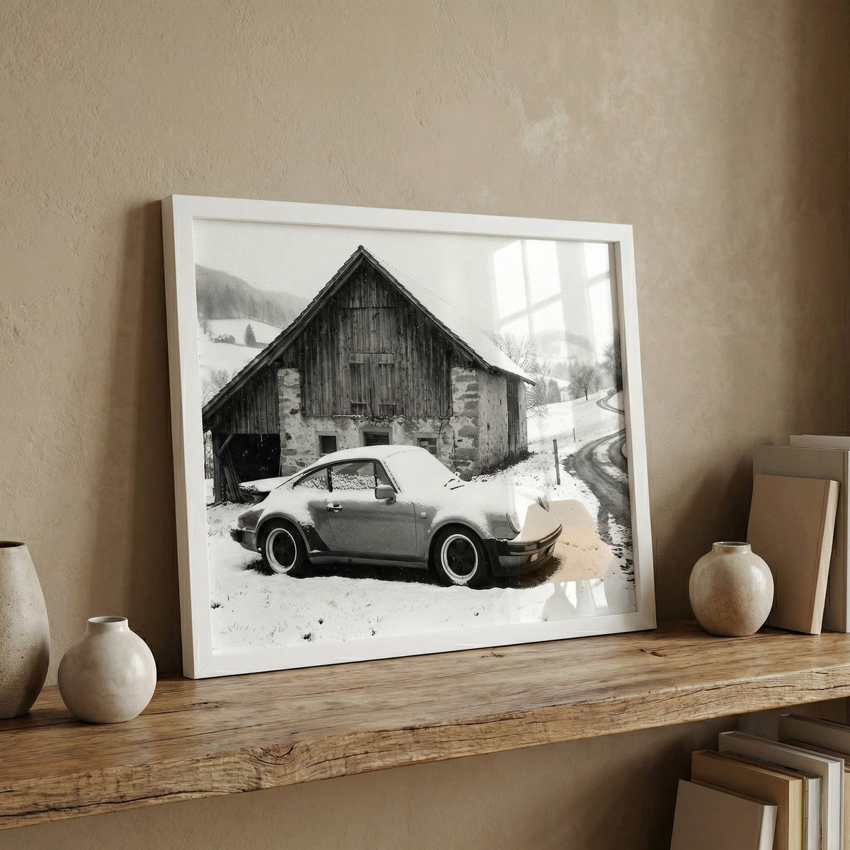 Alpine Barn 911, framed and styled in a room