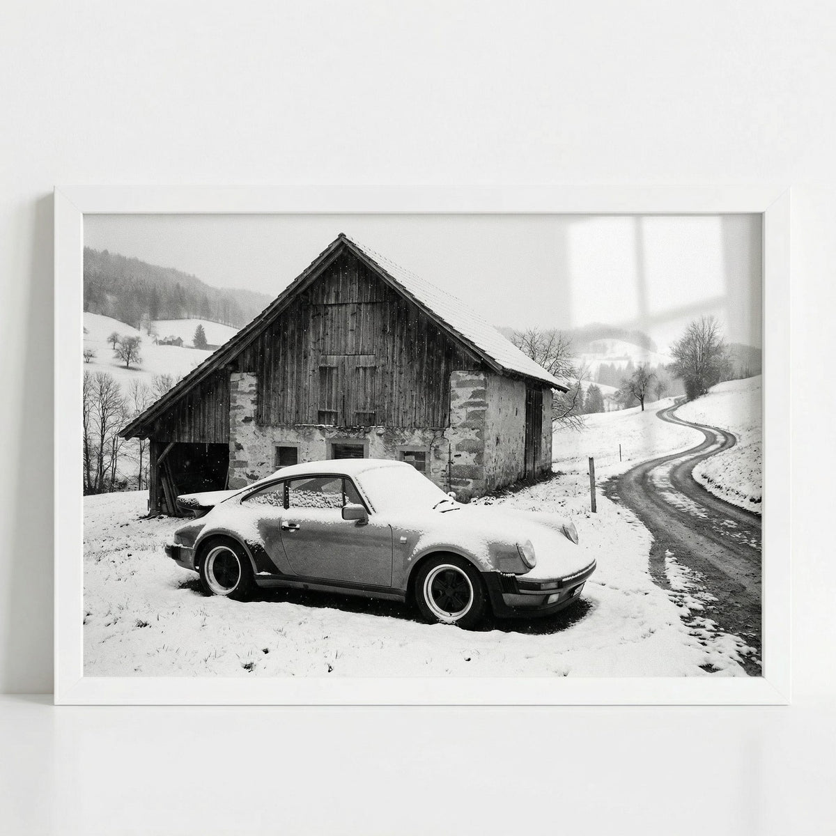 Alpine Barn 911, framed and styled in a room