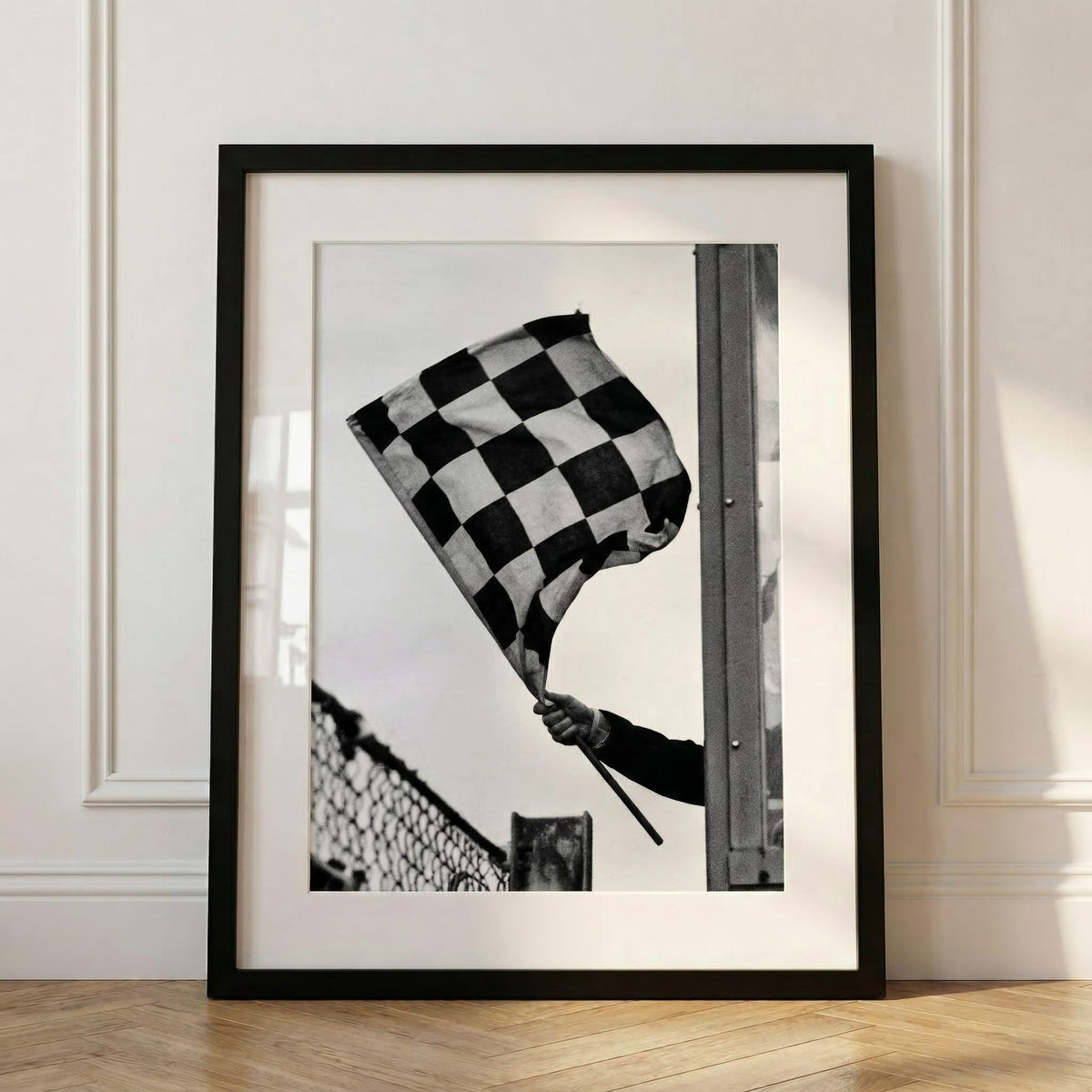 Chequered Flag, framed and styled in a room