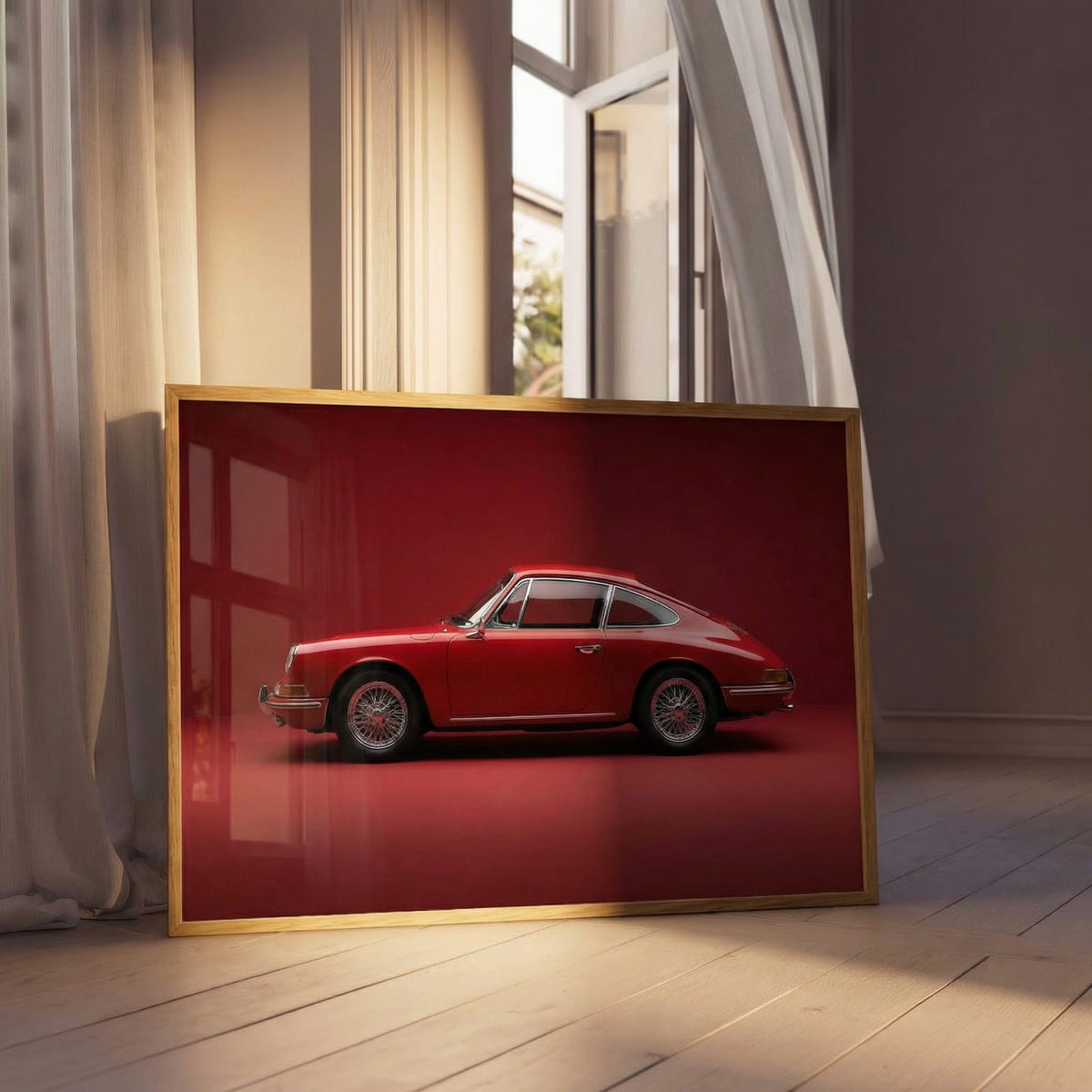 Classic 911, Rosso, framed and styled in a room