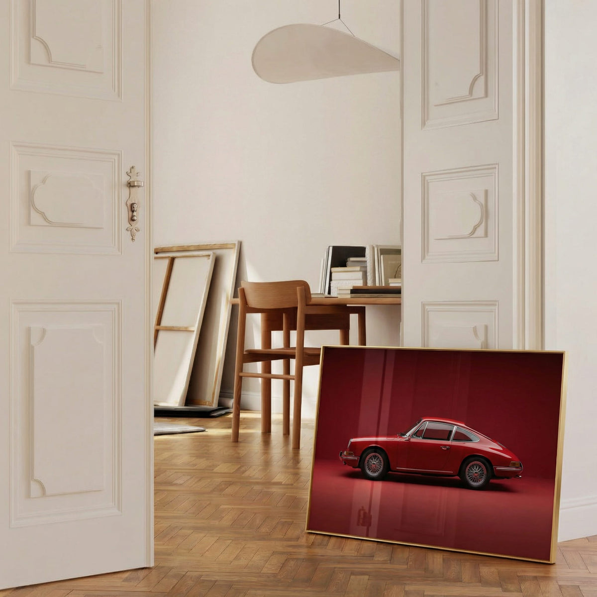 Classic 911, Rosso, framed and styled in a room