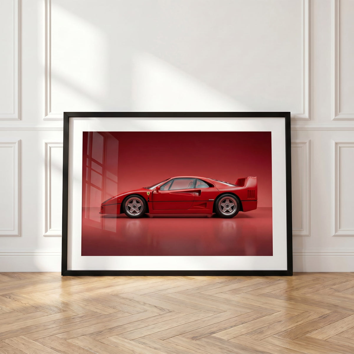 F40 Rosso, framed and styled in a room