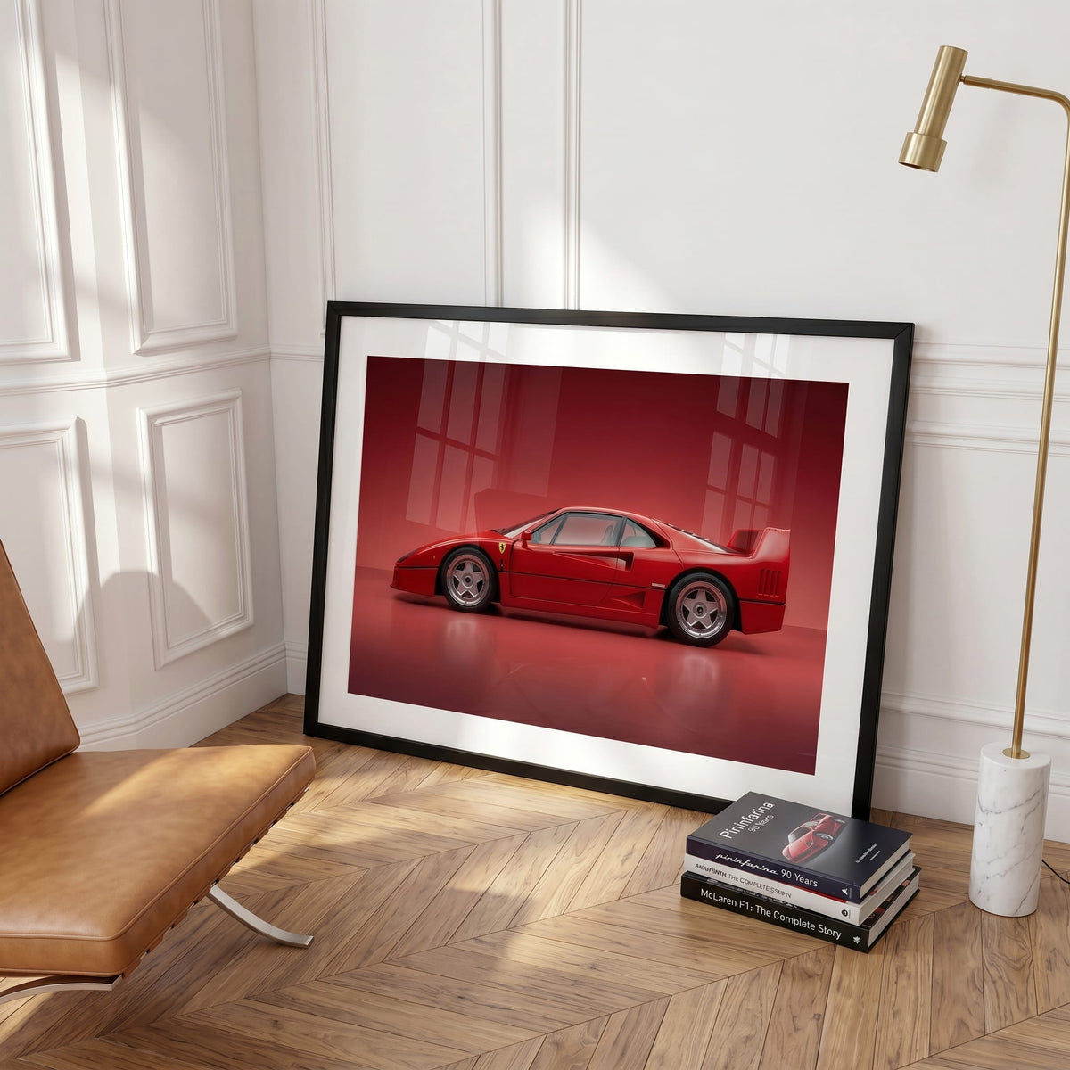 F40 Rosso, framed and styled in a room