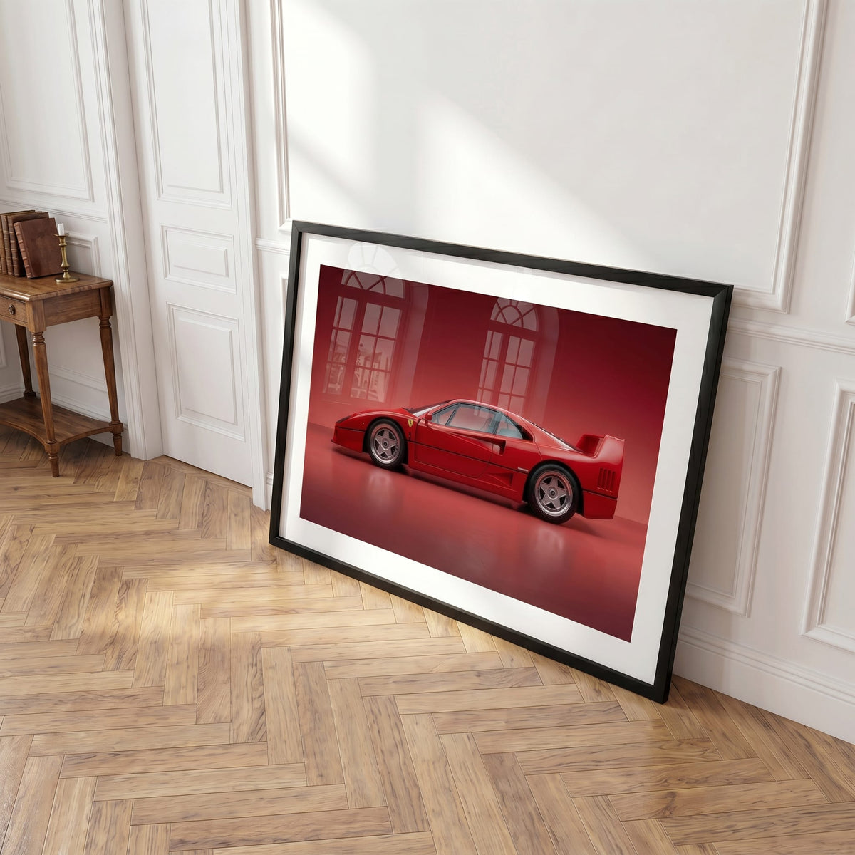 F40 Rosso, framed and styled in a room