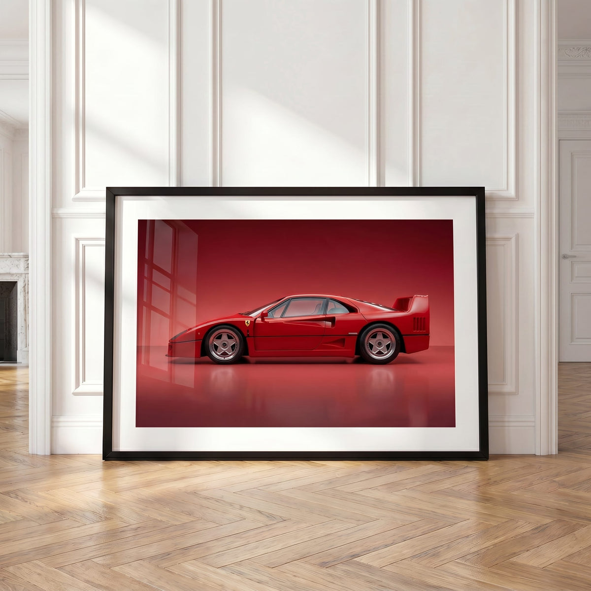 F40 Rosso, framed and styled in a room