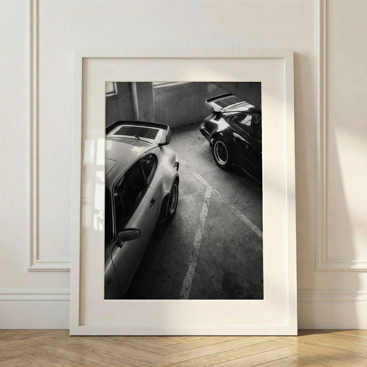 Garage Nocturne, framed and styled in a room