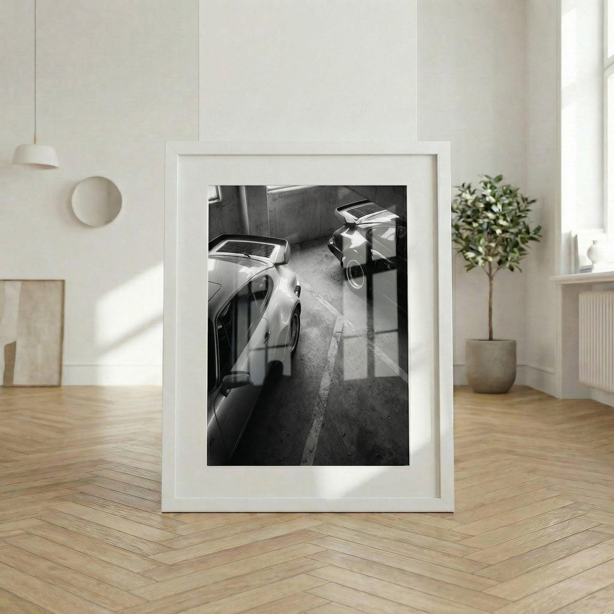 Garage Nocturne, framed and styled in a room