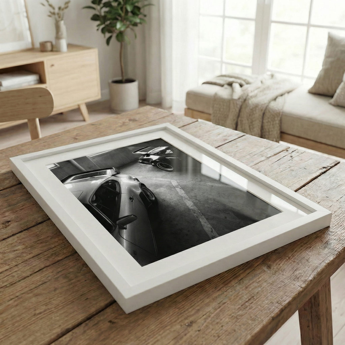 Garage Nocturne, framed and styled in a room