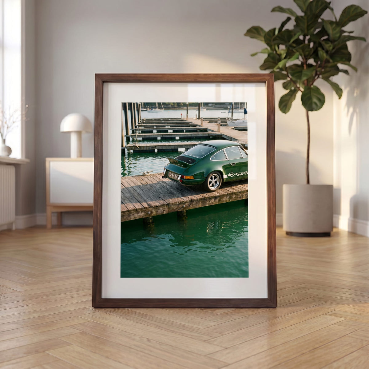 Lakeside Dock 911, framed and styled in a room