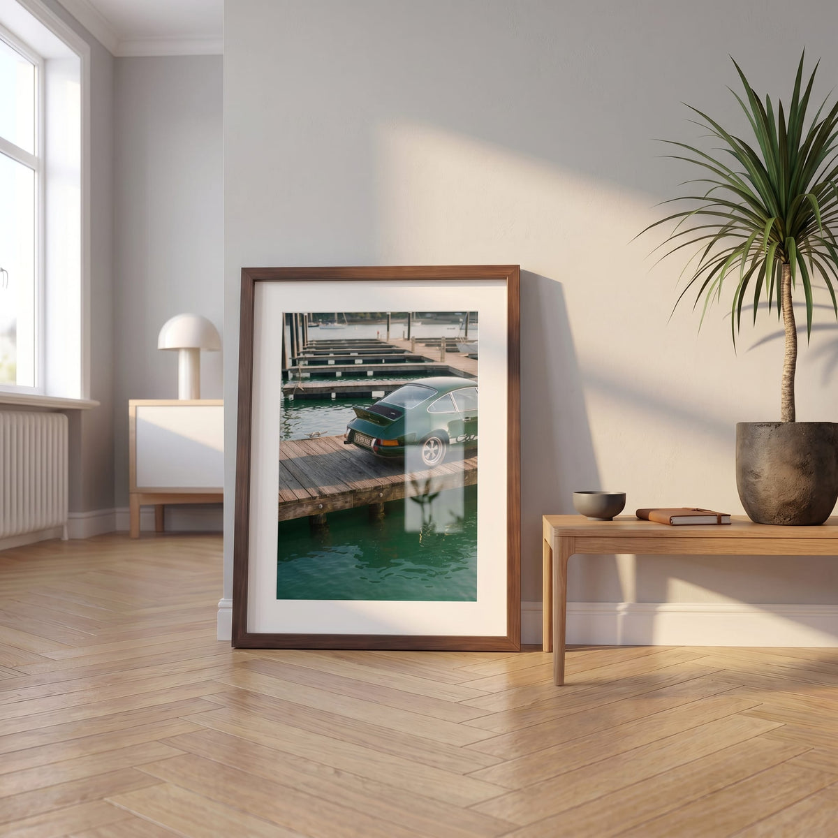 Lakeside Dock 911, framed and styled in a room