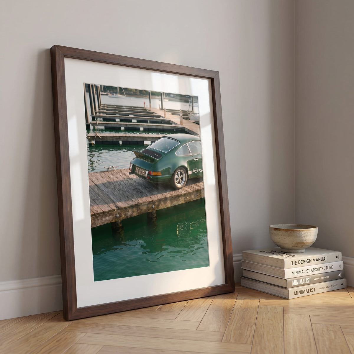 Lakeside Dock 911, framed and styled in a room