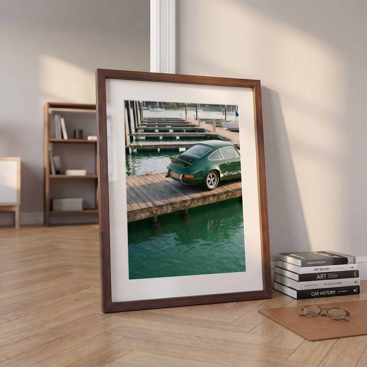 Lakeside Dock 911, framed and styled in a room
