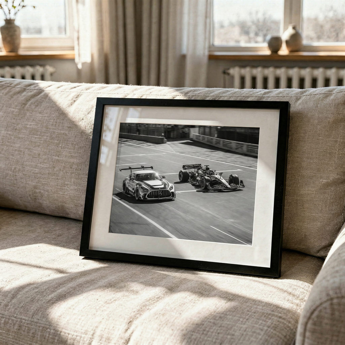 Safety Car, framed and styled in a room
