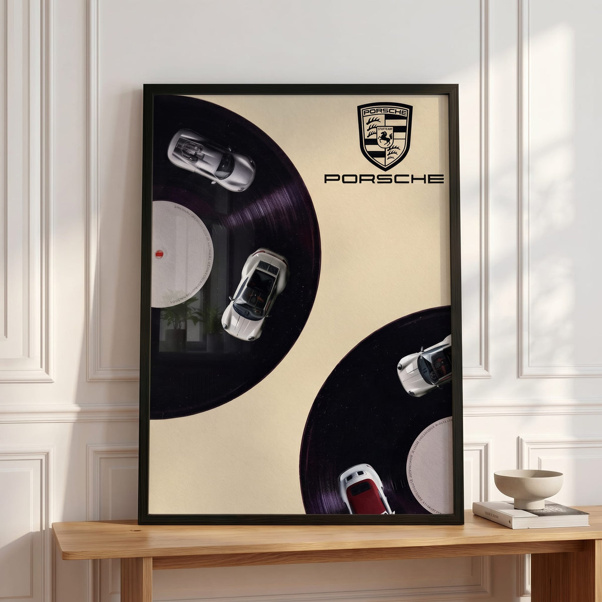 Side A, 911, framed and styled in a room