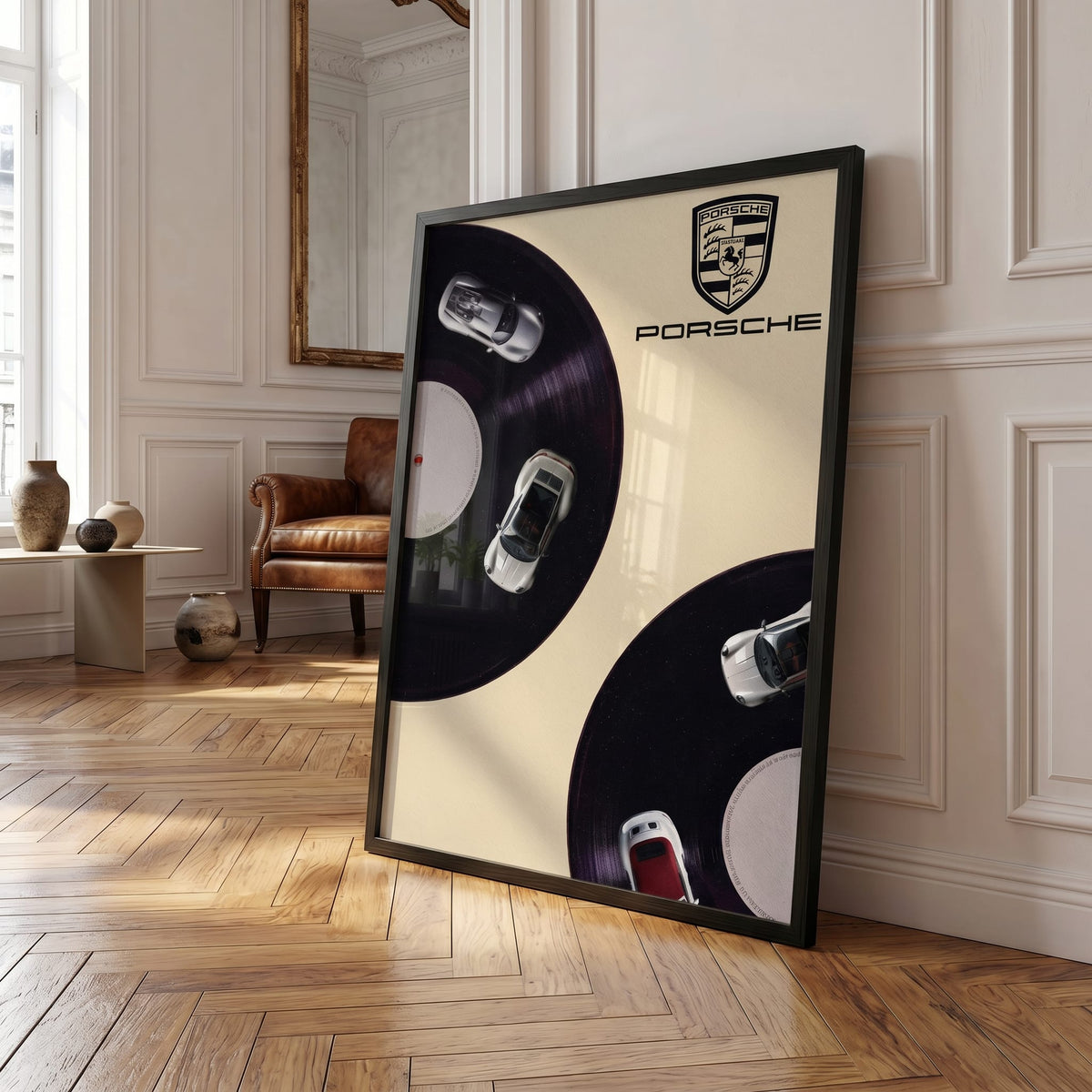 Side A, 911, framed and styled in a room