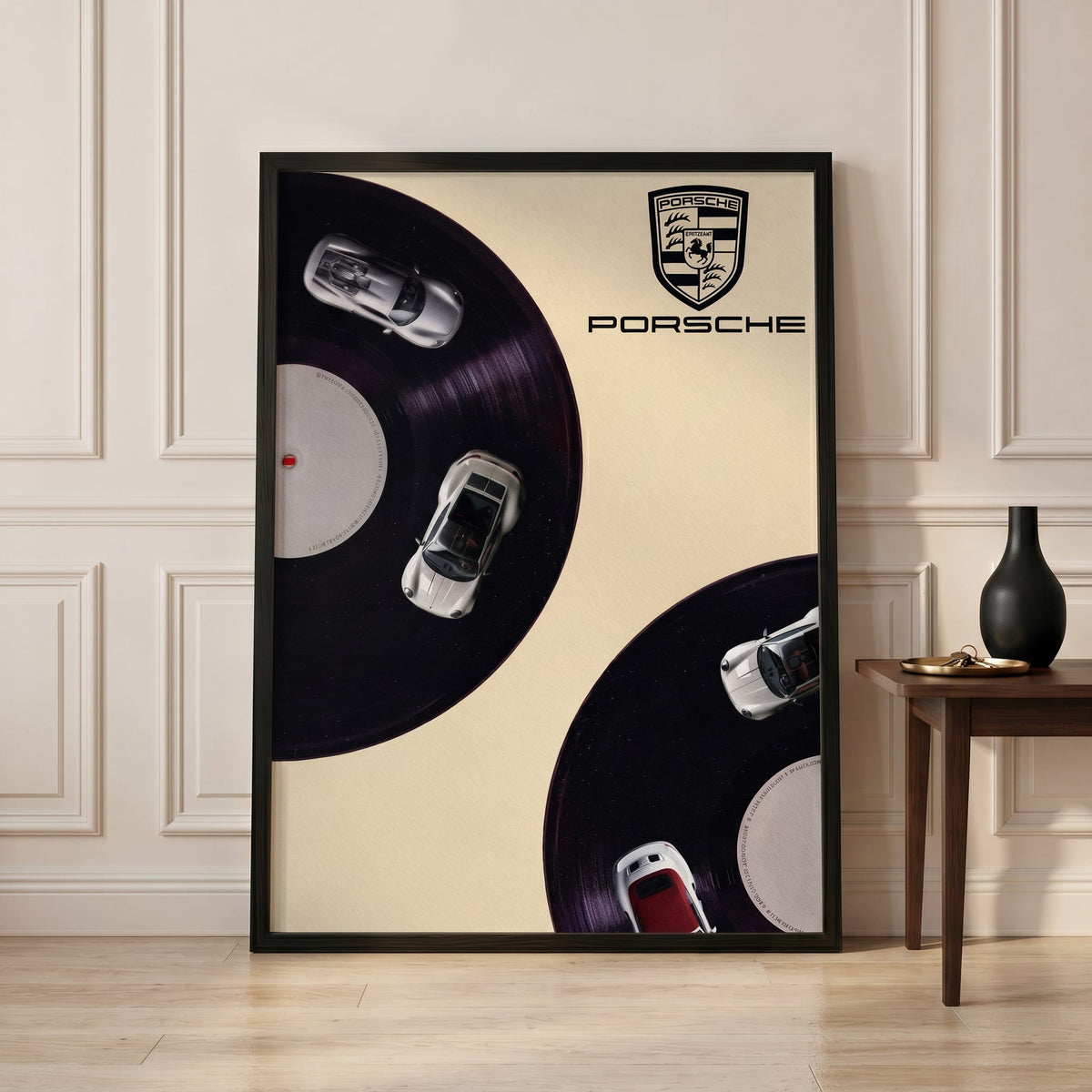 Side A, 911, framed and styled in a room