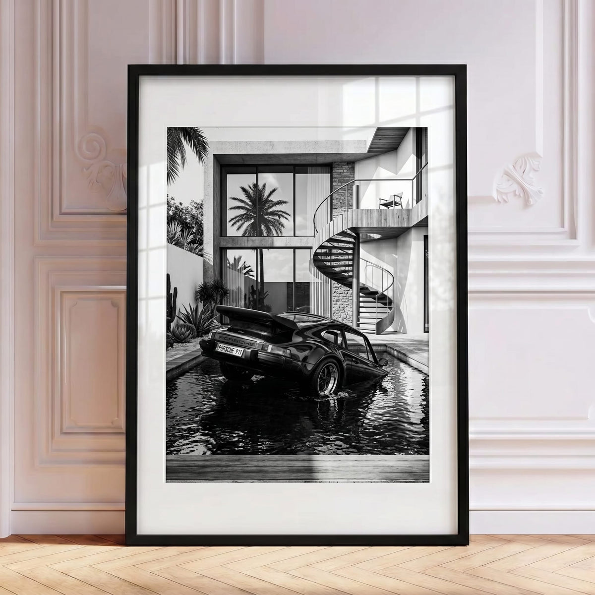 Villa Pool 911, framed and styled in a room