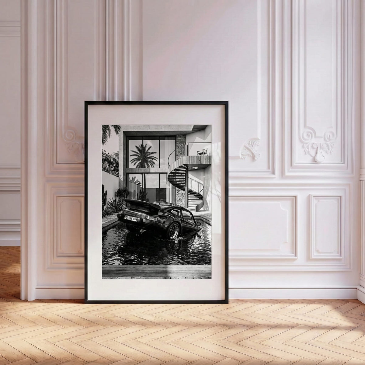 Villa Pool 911, framed and styled in a room
