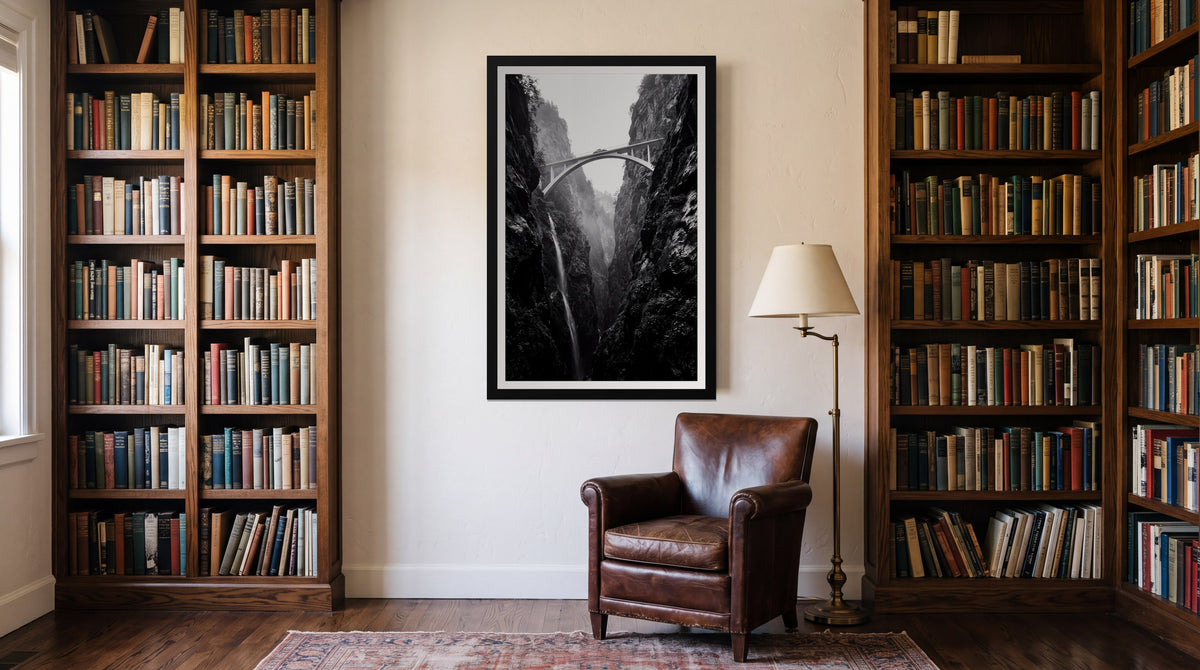 Arch Bridge, framed in black with a white mat on a wall at home