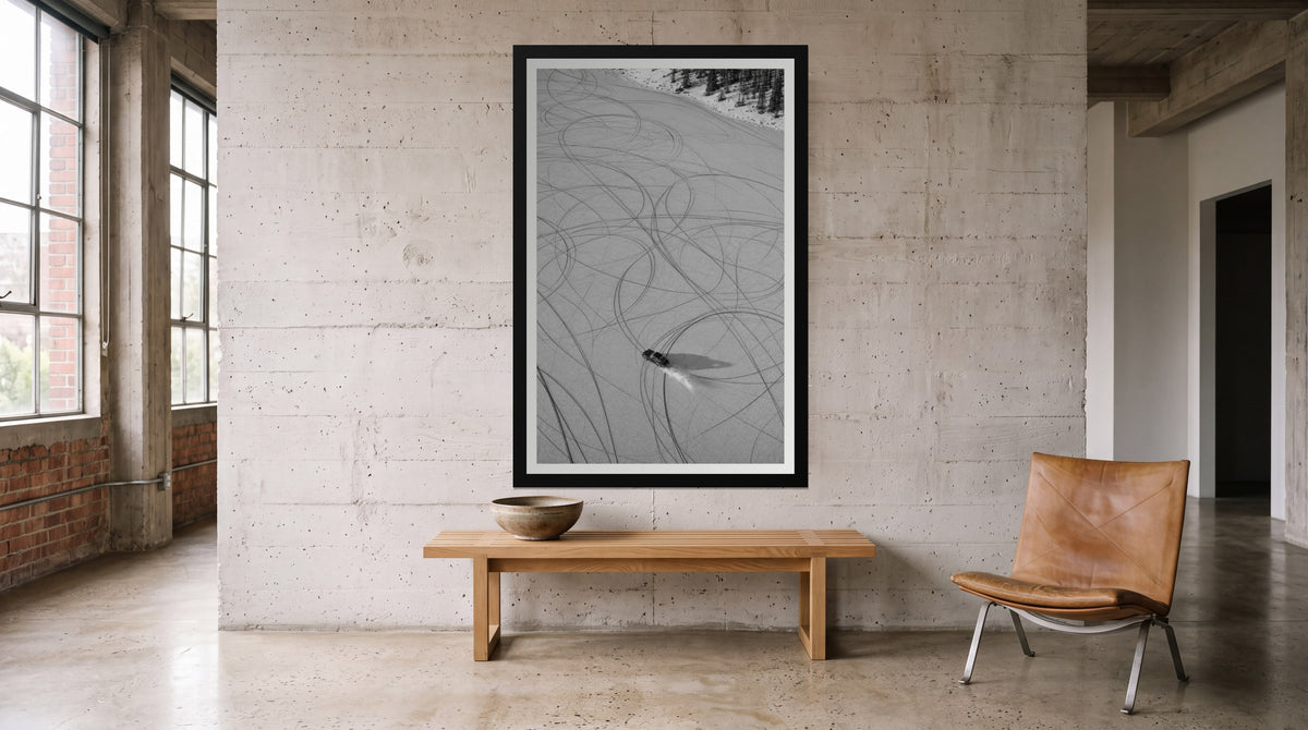 Ice Script, framed in black with a white mat on a wall at home