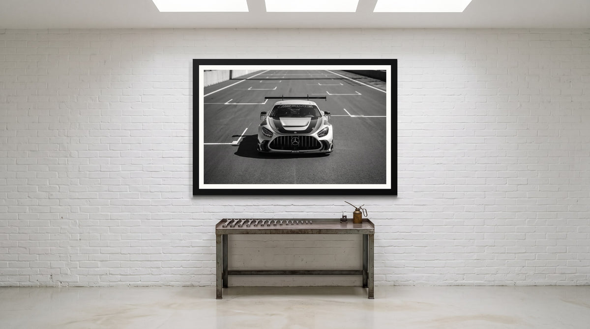 Pit Lane GT3, Mercedes-AMG GT3 Pit Lane, framed in black with a white mat on a wall at home