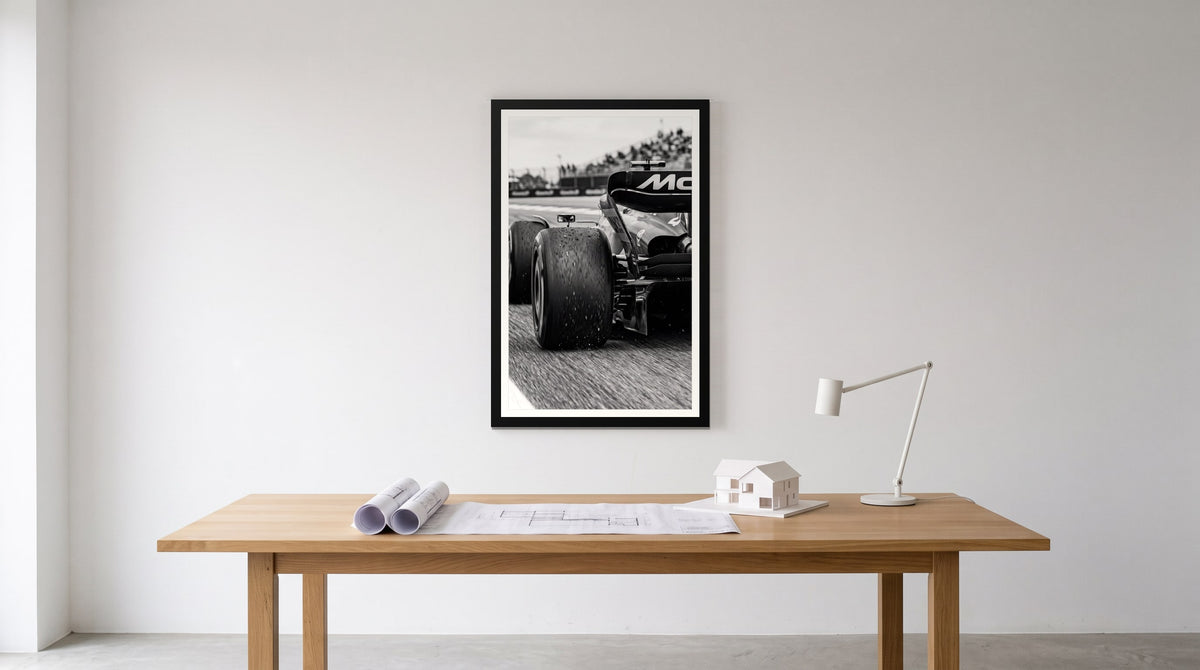 Rear Wing, Formula 1 Black & White, framed in black with a white mat on a wall at home