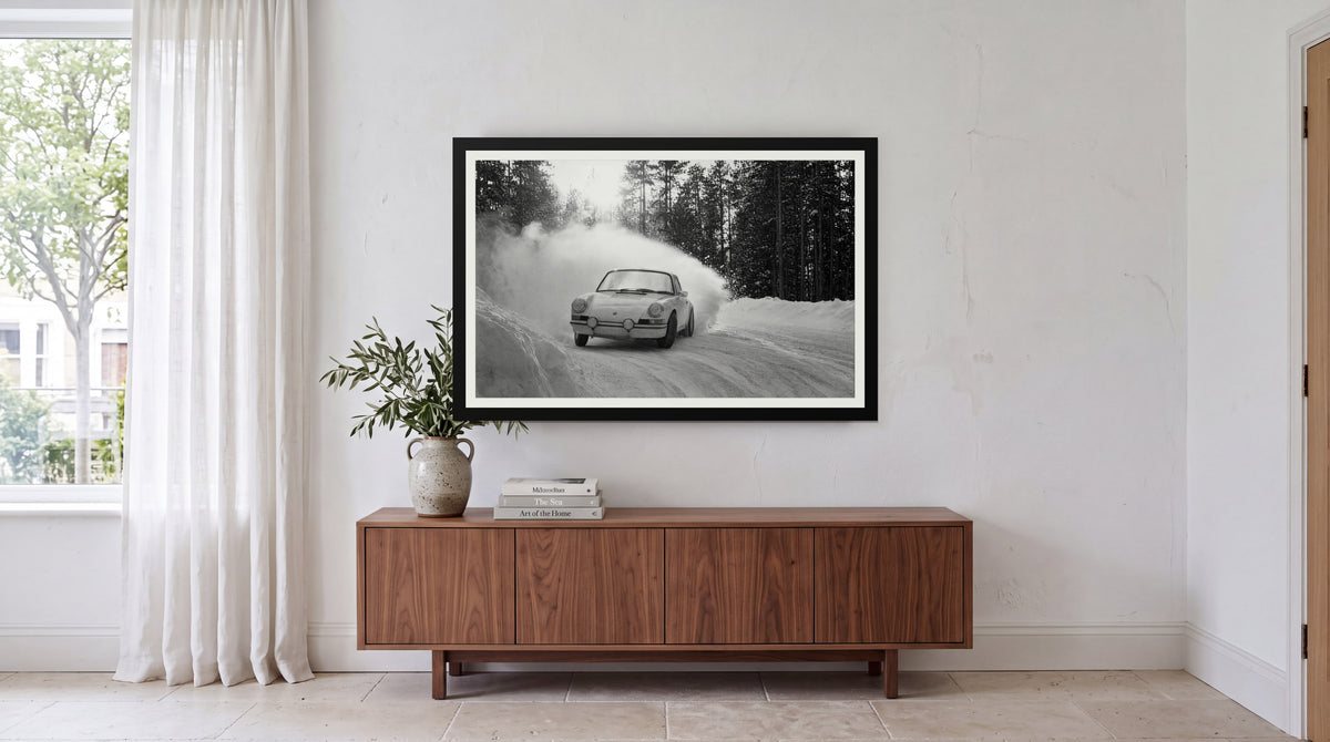Snow Stage, framed in black with a white mat on a wall at home