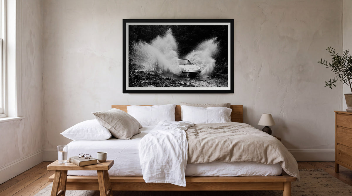 Watersplash, framed in black with a white mat on a wall at home